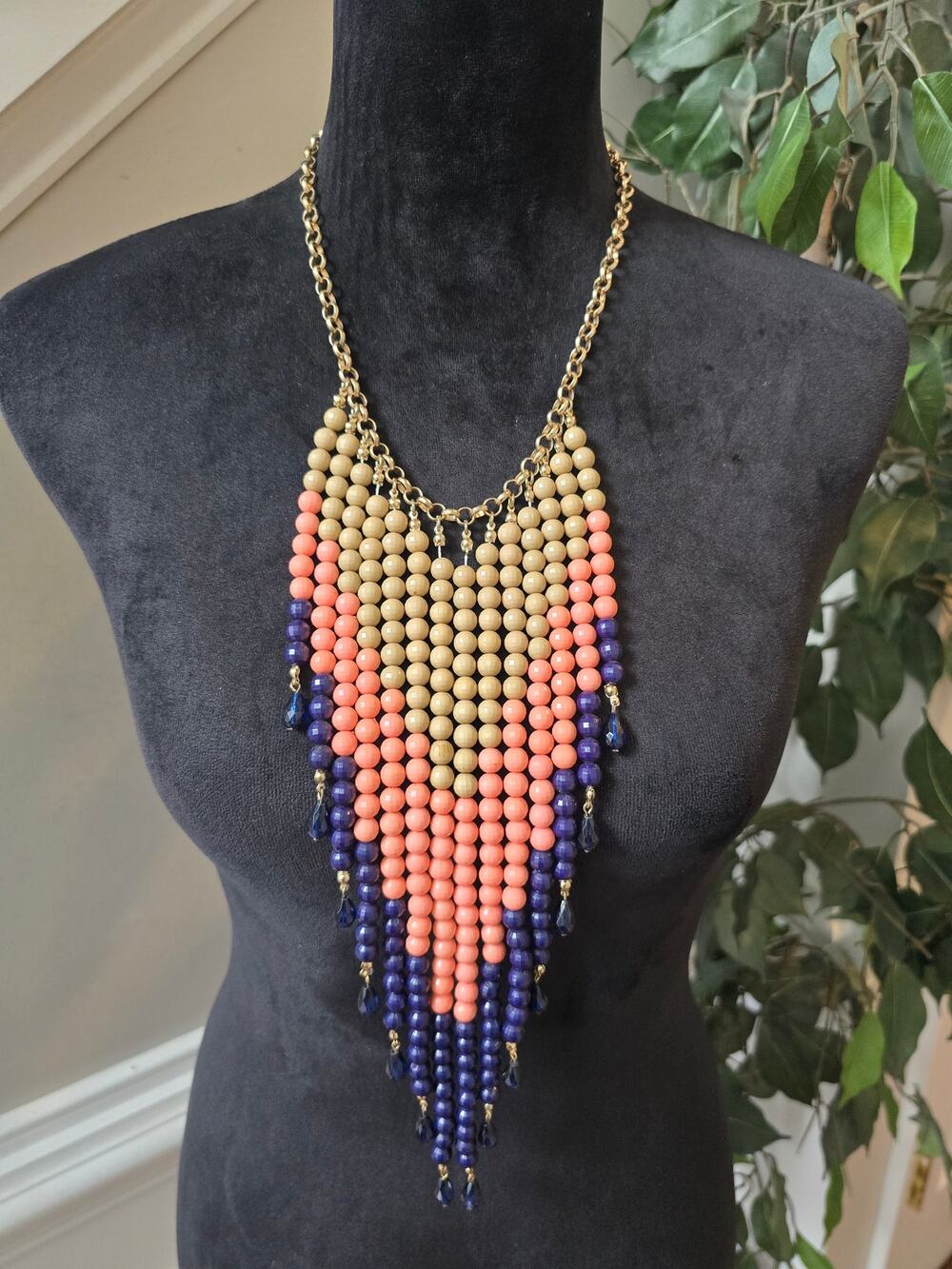 Peach Navy Beaded Waterfall Statement Necklace